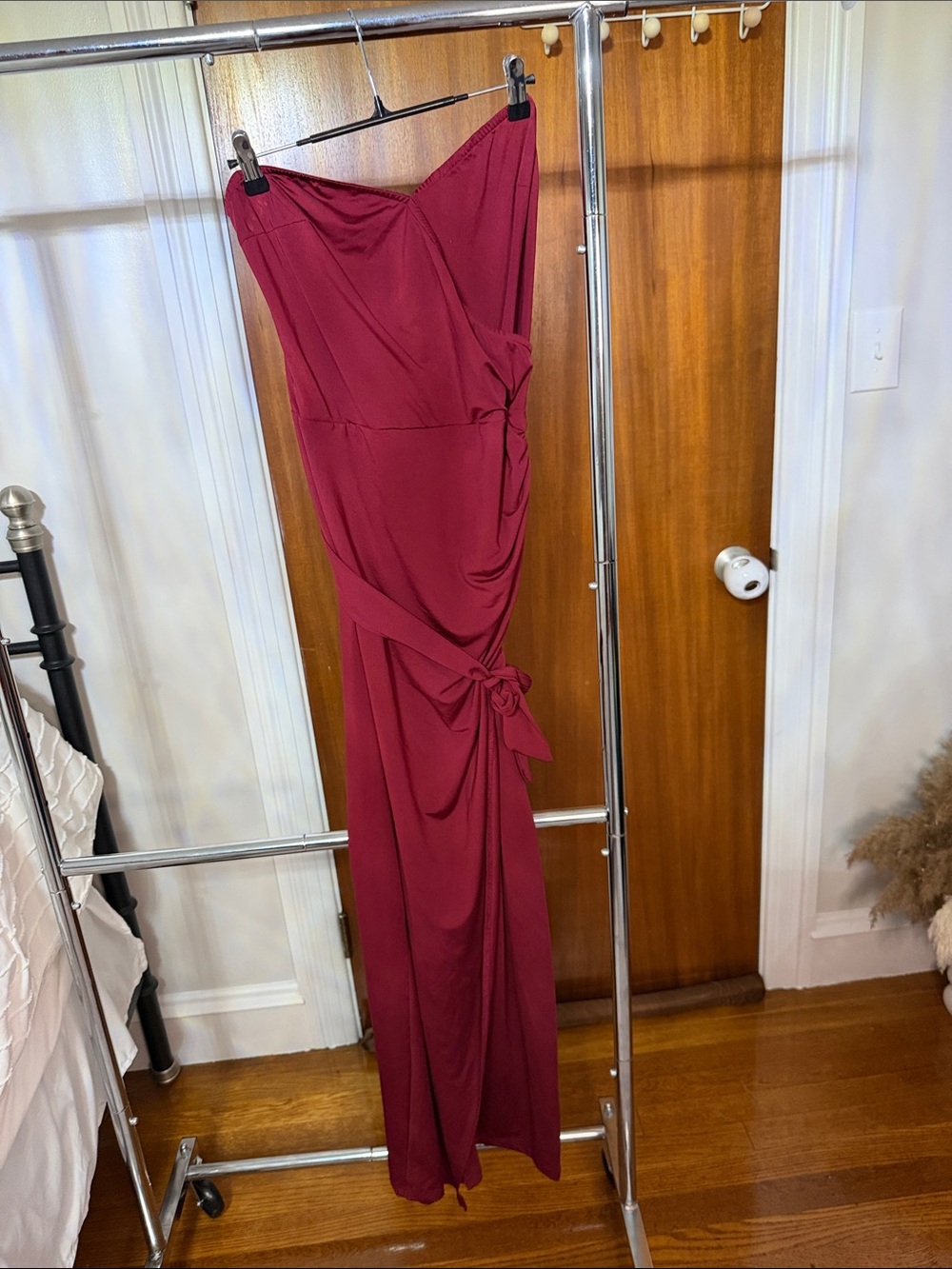 Strapless Draped Evening Gown in Wine